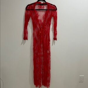 Women’s Lace Duster Robe Small Red Lingerie Valentine’s Bow Scalloped Edge